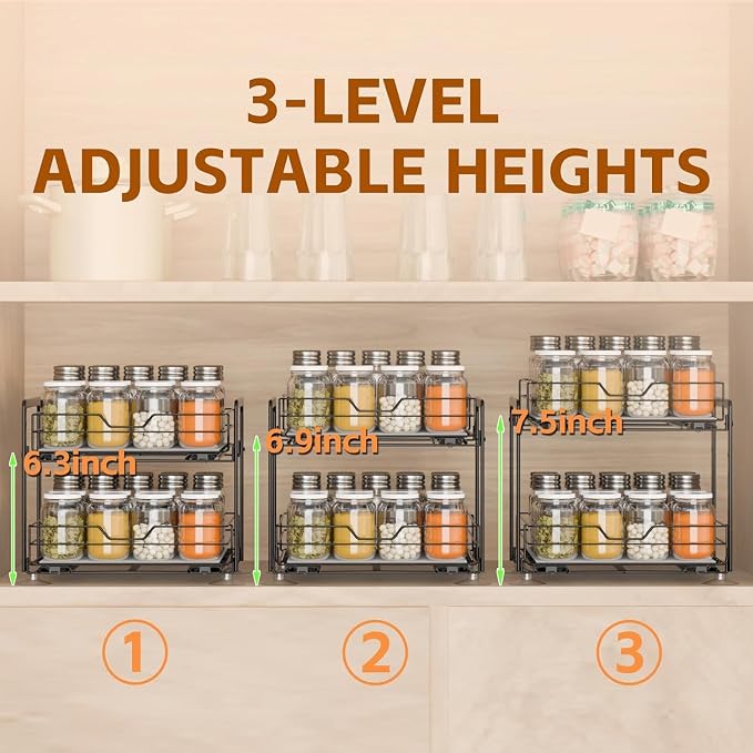 Spice Rack Organizer for Kitchen, Pull Out Spice Racks for Inside Cabinets, 2 Tier Spice Shelf Organization for Cabinet Seasoning, No Drilling Install for Home Kitchen Space Saving, 1 Pack