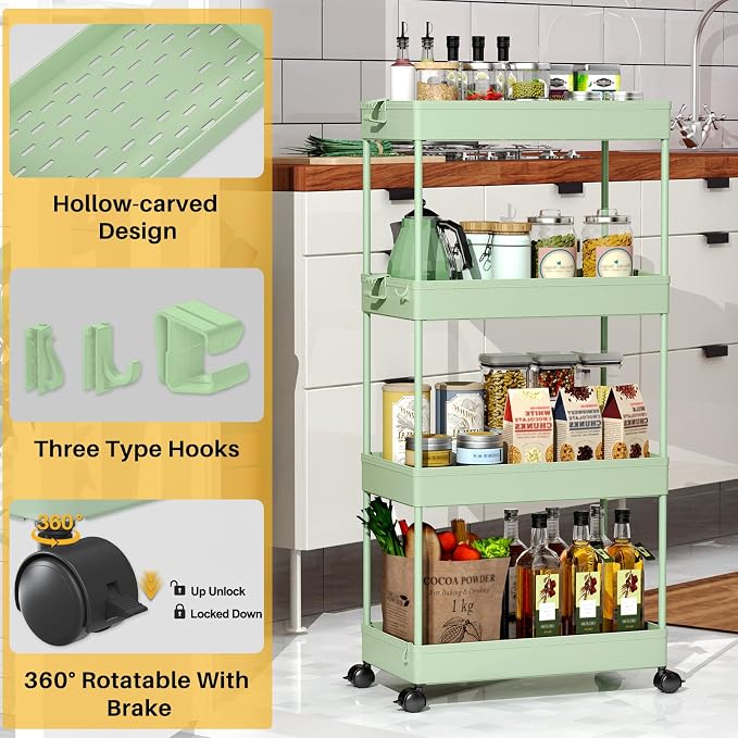 SPACEKEEPER 4 Tier Rolling Cart, Bathroom Cart Organizer with Wheels, Green | Mobile Storage Cart for Laundry Room Organization,Kitchen,Office,Bathroom, Utility Cart for Snack,Craft,Art,Makeup,Nail,Toys