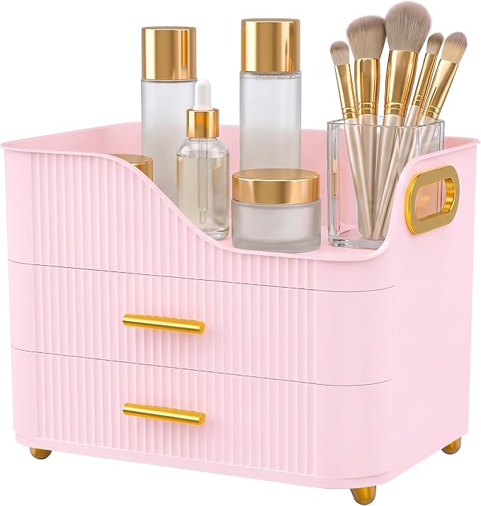 Booklov Large Makeup Organizer for Vanity, Bathroom Countertop, Pink | Plastic Cosmetic Display Case with Drawers, Beauty Brush Holder for Dresser Counter Skincare Eyeshadow Lipstick Storage
