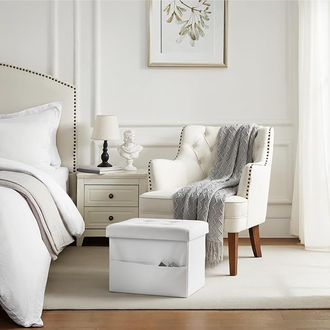 Bsketa Storage Ottoman Bench,16 Inch Folding Leather Foot Rest Stool, White | Small Ottoman with Side Pockets, Thicker Foam Padded Seat, Livingroom, Dorm, Bedroom, Easy to install, 38L, 16x12x12in