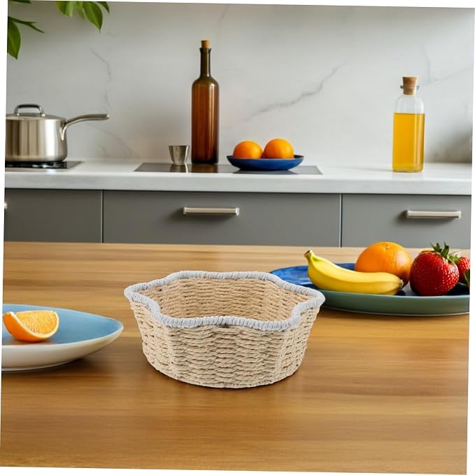 TEHAUX Hand-woven Decorative Storage Basket Multipurpose Paper Rope Organizer Bin for Kitchen Bathroom Desk Creative Home Storage for Fruit Bread Sundries Versatile Woven Basket for