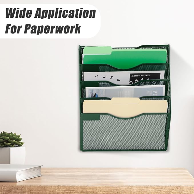 EASEPRES 5 Pocket Mesh Hanging File Organizer, Wall Mounted Mail Paper Document Folder Holder, Clipboard Storage Organization Magazine Rack with Nametag Label for Office Home School, Dark Green