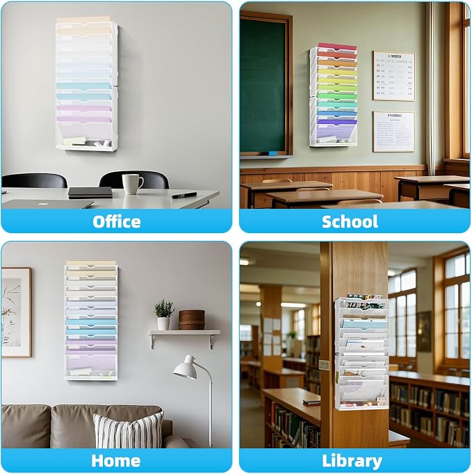 Marbrasse Wall File Holder 11-Tier Hanging Wall File Organizer, for Papers, Files Clipboard & Magazine Organizer, Wall Mount File Holder Great for Office Home (White)