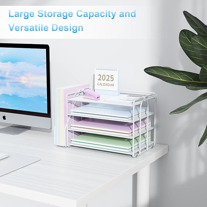 Spacrea Desk Organizers and Accessories, Paper Organizer for Desk with File organizer, Desk Accessories & Workspace Organizers for Office Supplies (White)