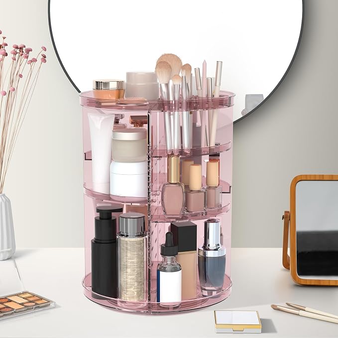 Rotating Makeup Organizer, DIY 8 Adjustable Layers Spinning Skincare Storage, Cosmetic Display Case with Brush Holder and Perfume Tray, Multi-Function Vanity Bathroom Countertop Organizer Clear Pink