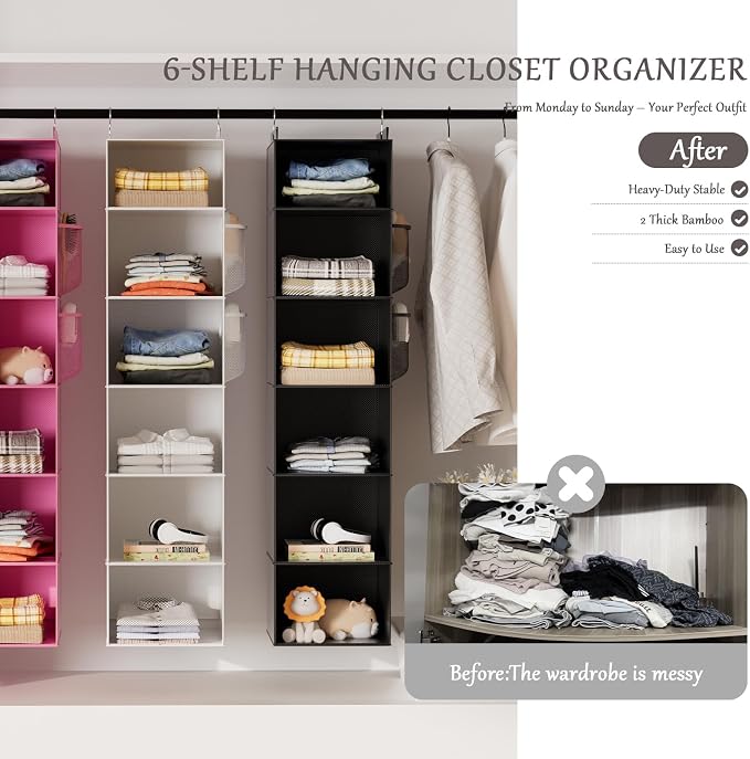 Hanging Closet Organizer and Storage with Bamboo Support, 6-Shelf Closet Hanging Storage Shelves, Closet Organizers Easy Mount Foldable for Bedroom(Black)