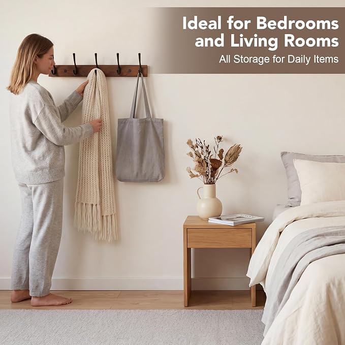 1Pack Wall Mounted Coat Rack with 5 Hooks, 15.8 Inch Wood Coat Hook | Rust-Resistant Metal Hooks, Heavy Duty Wall Hooks, Up To 45 Lb In Studs, Easy Install, For Entryway Bedroom Bathroom