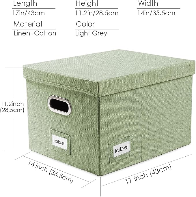 File Organizer Box - Set of 4 Collapsible Decorative Linen Filing Storage Hanging File Folders with Lids Office Cabinet Letter/Legal Size Green 17.1x14x11.1 inch