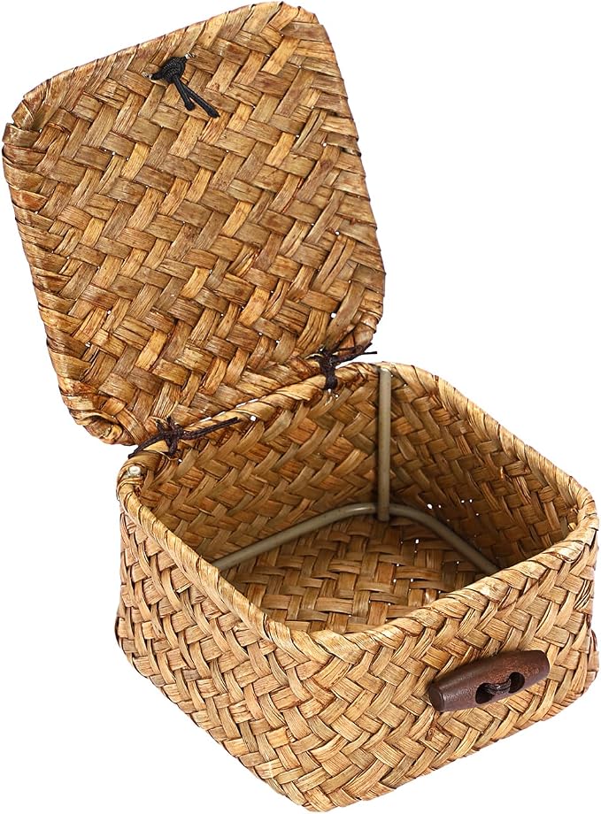 Hipiwe Handwoven Wicker Basket Box with Lid Small Seagrass Desk Organizer | Multipurpose Baskets Organizer for Remote Control Key, Rectangular Basket Box for Home Decor, Caramel 3.5" x 3.5" x 2"