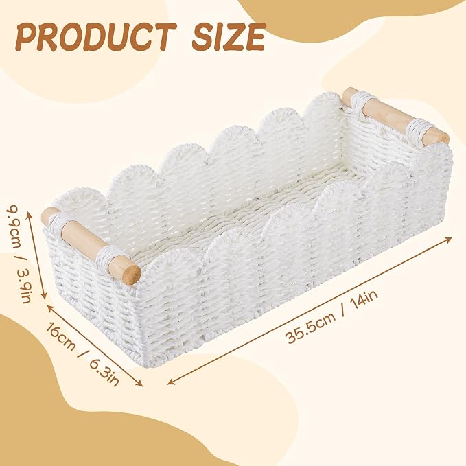 Bathroom Decor Basket for Toilet Paper Storage Baskets For Organizing | For Bedroom Living Room Kitchen Home Decor Scalloped Cute Basekt With Handle for Apartment Countertop,White