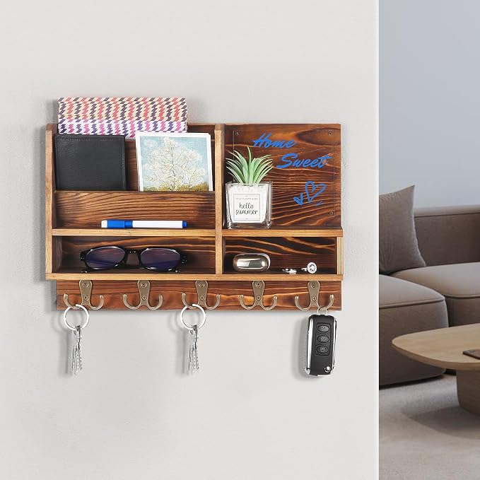 Key Holder Wall Mount, Mail Organizer Wall Mounted, Solid Wood Key Holder for Wall Living Room Entryway Home Decor, with 10 Key Hooks, Shelf, Marker Pen, 15.7" x 10.2" x 2.8"
