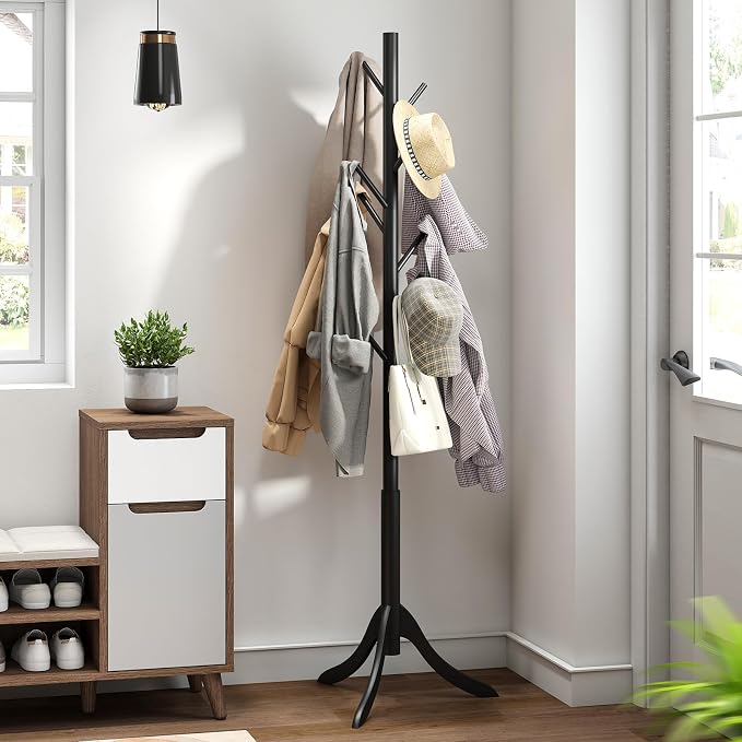 kiplant Black Coat Rack Stand, Bamboo Wood Freestanding Coat Tree with 8 Hooks, Hallway Entryway Hat Hanger Organizer Standing for Bedroom, Office, Clothes, Jackets, Bags, Umbrallas