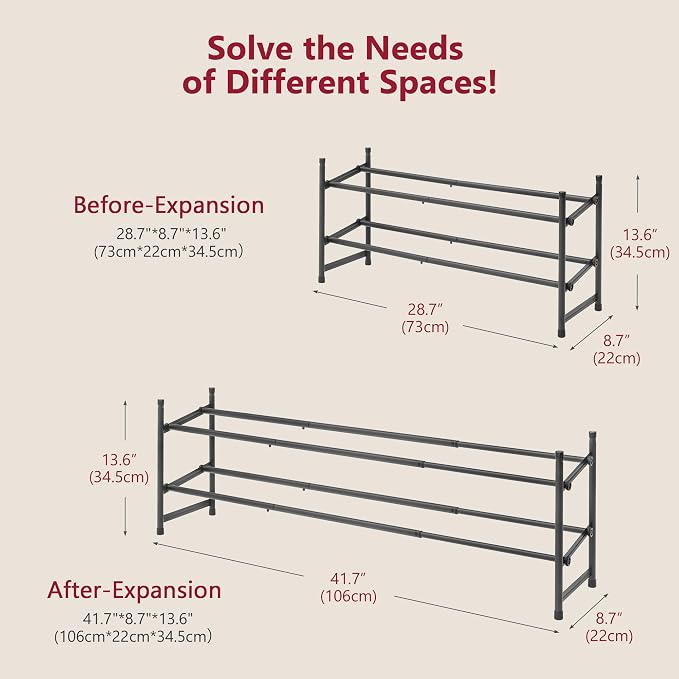 Expandable Shoe Rack for Closet 2 Tier, 28“-41“Stackable, Black | Adjustable Shoe Organizer Closet Shoe Rack Floor, Metal Shoe Shelf Storage for Entryway, Closet, Garage, Front Door Entrance