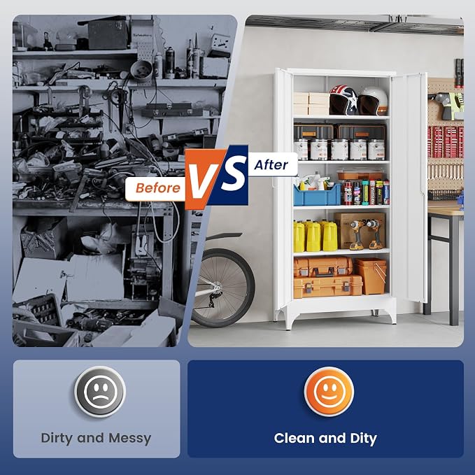 Yizosh Metal Garage Storage Cabinet with 2 Doors and 4 Adjustable Shelves - 71" Steel Lockable File Cabinet,Locking Tool Cabinets for Home,Office,Garage,Gym,School