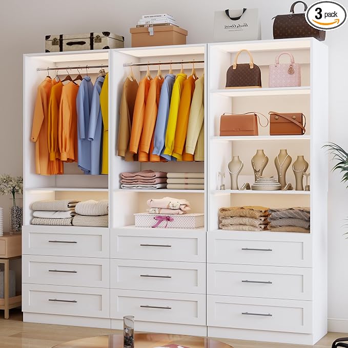 Closet system with 9 Wooden Drawers, 6-15.78FT Closet Organizer System, 5 Expandable Hanging Rods and 6 Shelves for Walk in Closet, Modular Closet Storage System with Shelves, Set of 3