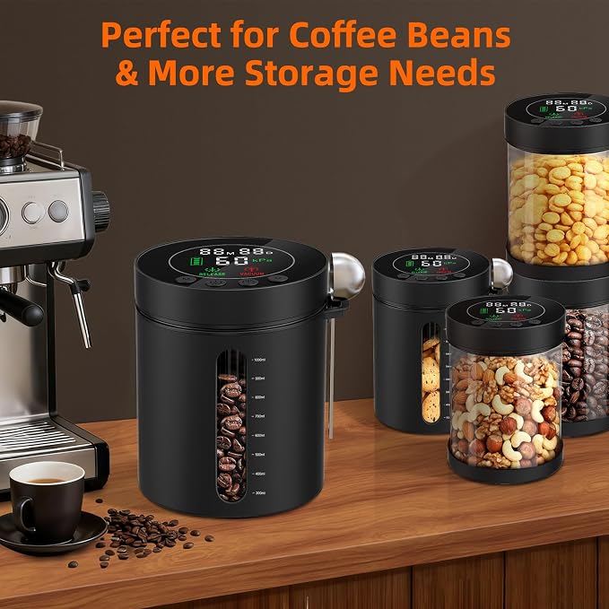 Automatic Vacuum Coffee Canister, 1.3L Coffee Container with LED Display | Smart Pressure Sensor,Window,Scoop Rechargeable Airtight Electric Coffee Bean Storage for Home Kitchen Ground Food Storage