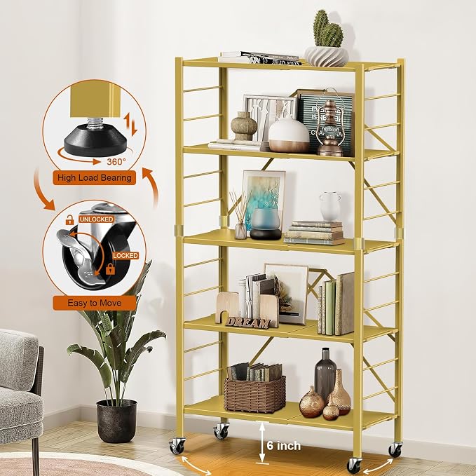 Himix 5-Tier Storage Shelf with Wheels Foldable Expandable Adjustable Gold