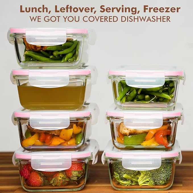 Razab 16 Pc (Set of 8) 30 Oz Glass Meal Prep Containers with Lids, Airtight Large Glass Food Storage Containers, Reusable Leak Proof BPA Free, Freezer to Oven and Dishwasher Safe