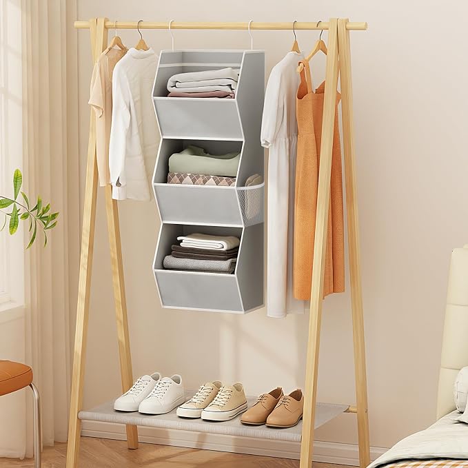 Hanging Closet Organizer 3 Shelf Collapsible Bedroom Closet Organizers and Storage Hanging with Mesh Pockets for Clothes, Fabric Hanging Storage Bins for Wardrobe Closet Organization and Storage, Grey