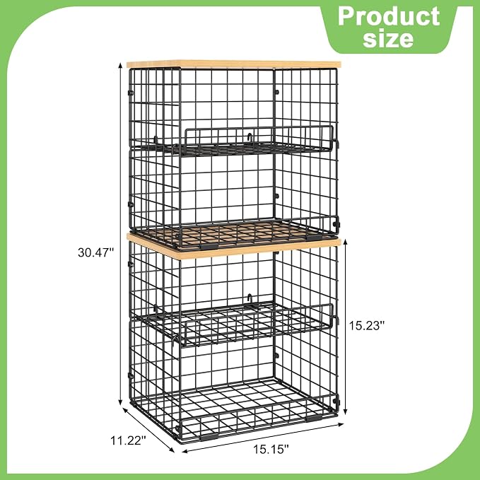 4 Pack Stackable Wire Baskets for Pantry Organizers and Storage, Pantry Baskets with Fixed Wooden Top, Fruit and Vegetable Storage Bins for Organizing Onion Potato Snack for Kitchen Cabinet/Countertop