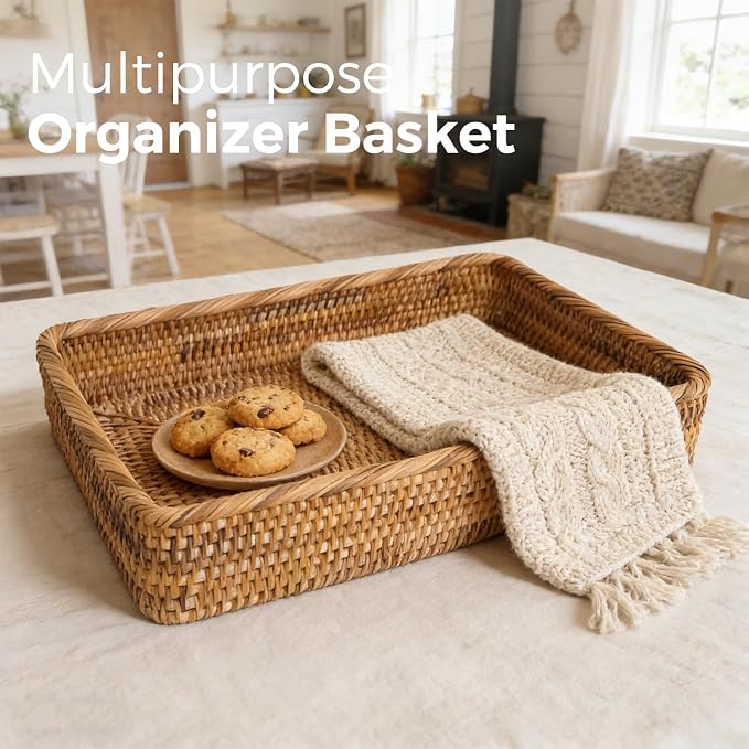 Large Rattan Serving Tray, Rectangle Wicker Storage Basket for Organizing | L(15.7" × 11"), Natural Rattan, Decorative Woven Tray Wicker Basket for Storage, Home Decor, Bathroom