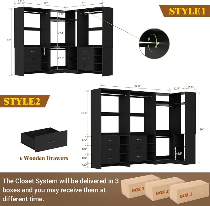 Aheaplus Closet System with 6 Drawers, 4 Hanging Rods & Corner Tower, Corner Closet System with Hanging,92.6" L-Shaped Walk-In Wardrobe Organizer, 2000+ lbs Capacity, Set of 3, Black