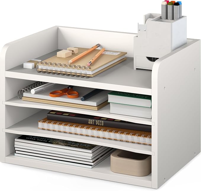 Ballucci File Organizer, 4-Tier Office Desk Organizer, Open Top Wood Paper Organizer for Classroom, Mail Sorter Paper Tray with Adjustable Storage Shelves, White