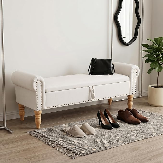 60" Corduroy Storage Bench, Queen End of Bed, White | Corduroy Upholstered, Bedroom/Entryway/Closet, Storage Ottoman Bench, Window Seat, Lift-Top, Tufted Button, Solid Wood Legs.