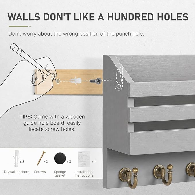FifthQuarter Key Holder for Wall with Storage Drawer and 6 Sturdy Hooks | Wooden Entryway Organizer and Decorative, Easy Installation