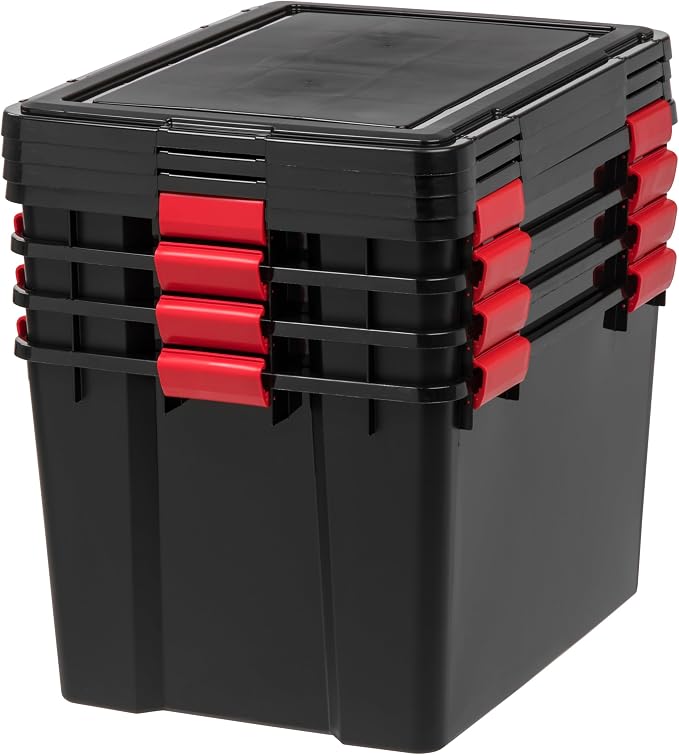 IRIS USA 4-Pack 74 Qt Storage Bins with Gasket Lids, Black/Red | WeatherPro seal helps protect bulky items for moving, garage, attic and basement storage