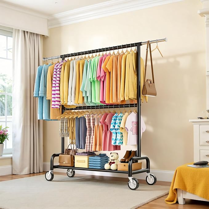Heavy Duty Clothes Rack Load 860LBS, Double Rods Rolling Clothing Racks for Hanging Clothes, Rolling Garment Rack With Sturdy Wheels Shelves, Portable & Adjustable Commercial Garment Rack, Black