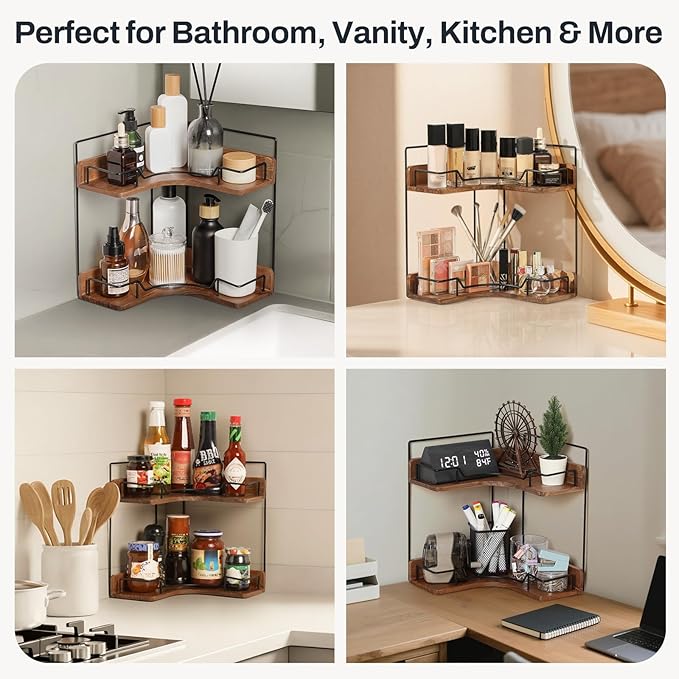 2-Tier Bathroom Counter Organizer, Wooden Corner Shelf for Vanity Countertop Skincare & Makeup, Storage and Organization for Kitchen