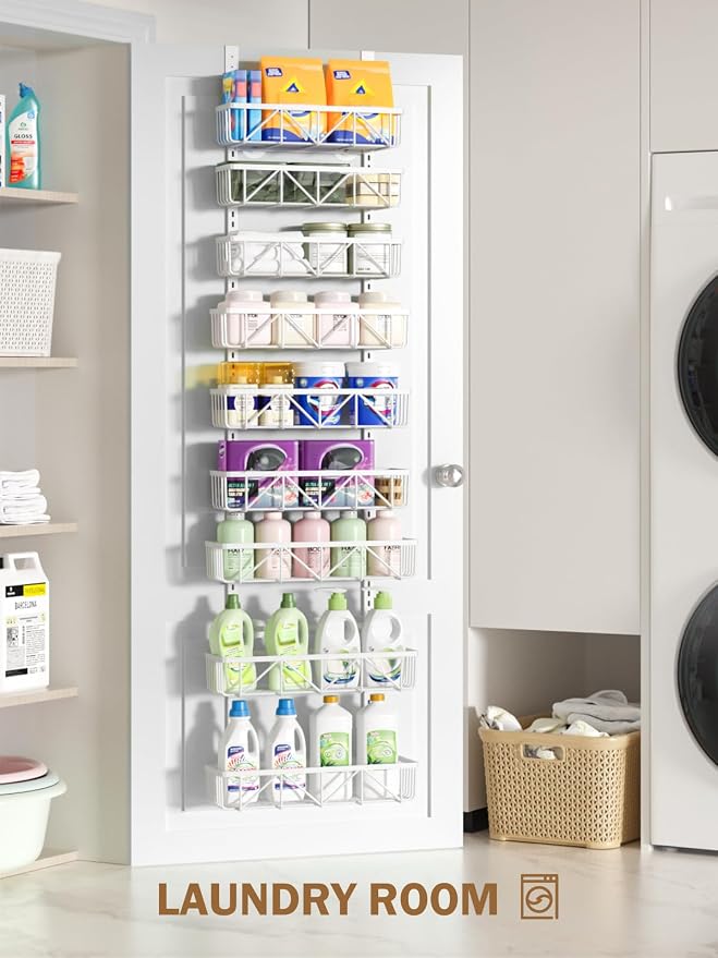 Delamu Adjustable Over the Door Pantry Organizer, 9-Tier Metal Pantry Organization and Storage for Kitchen, Hanging Spice Rack Seasoning Shelves, Cabinet Door Organizer for Easy Install, 16" White