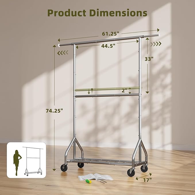 Simple Trending Heavy Duty Clothes Rack, Extendable Clothing Rack, Chrome | Double Rod Garment Rack, Freestanding Portable Closet, with Wheels & Shelf, Adjustable Middle Rod, for Bedroom, Laundry