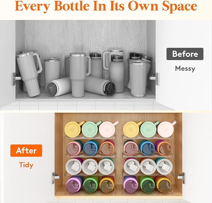 Lifewit Stackable Bottle Storage Organizer, Clear Freestanding Wine Holder for Cabinet, Large Slot Water Bottle Tumbler Cup Organizer for Pantry, Plastic Wine Rack for Fridge Cellar, 4Tier Hold 12