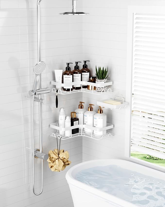 Sakugi Corner Shower Caddy - 3-Pack Shower Organizer with Soap Holder & Built-In Hooks, Rustproof Metal Shower Shelves, Laundry, Kitchen, Bathroom Organizers and Storage Solution, Large, White