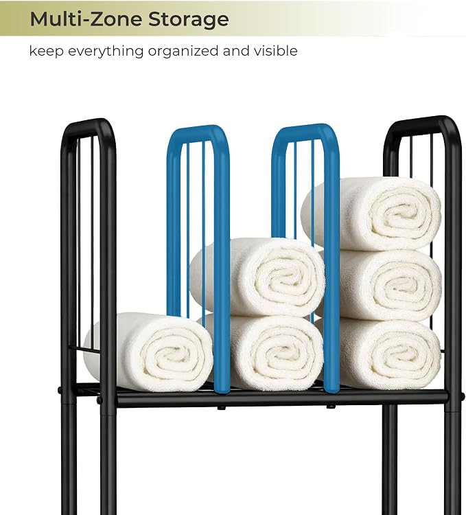 3 Tier Towel Racks for Bathroom with Dividers, Free Standing Metal Towels Holder Stand with Shelf, Towel Storage Organizer Bathroom Shelf, Metal Shelving Unit, Pool Towel Rack, Black