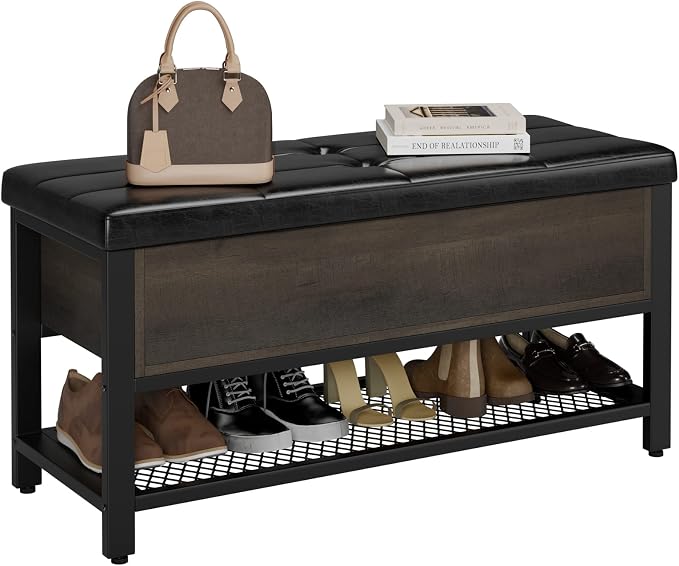 HOSTACK 40" W Storage Bench, Entryway Shoe Bench with Cushion, Dark Brown | Wood Metal Bench with Flip-Open Hidden Storage, Ottoman Bench with Padded Seat & Shoe Rack for Hallway, Bedroom, Living Room