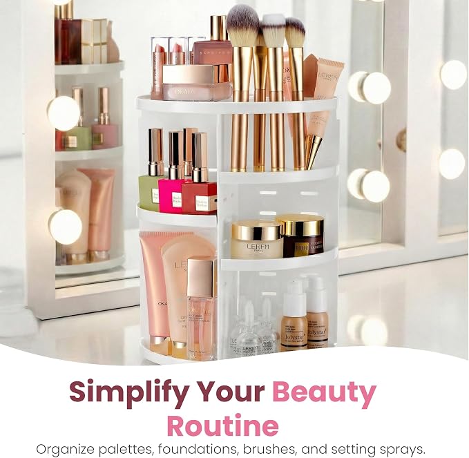 Masirs 360 Rotating Makeup Organizer Countertop, Adjustable Shelf, White | 360-Degree Rotating Makeup Organizer, Adjustable Shelf Height, Cosmetic Perfume Skincare Storage, Vanity Countertop, White