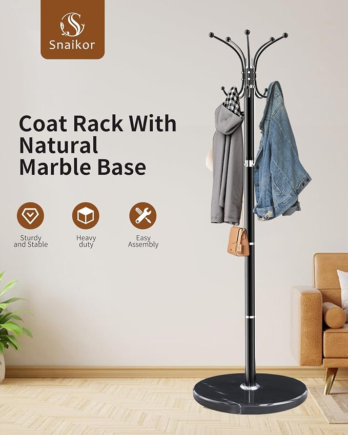 Snaikor Metal Coat Rack Stand with Natural Marble Base, Modern Coat Rack Freestanding, 360°Rotary Coat Racks with 14 Hooks, Heavy Duty Coat Hall Tree Hanger Stand for Entryway, Office