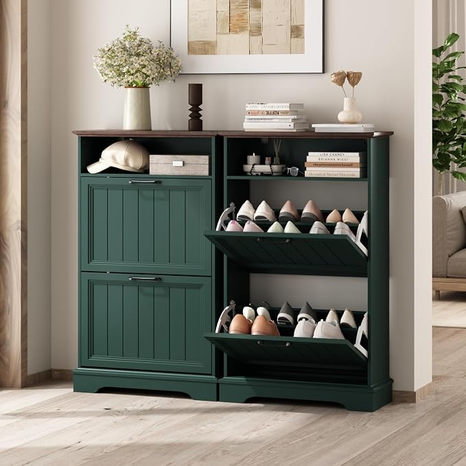 24" W Hidden Shoe Storage Cabinet with 2 Flip Drawers & Open Storage | Farmhouse Modern Shoes Rack Cabinet,Adjustable Shelves, Narrow Slim Shoes Organizer for Front Door Entrance, Entryway,Green