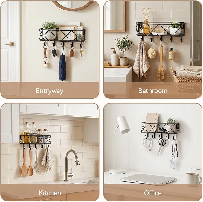 HappyHapi Key Holder Wall Mount, Metal Key Rack, 9.8”Lx2.1”Wx4.1”H | Wall Mounted Key Hooks for Wall with 5 Hooks, Mail Holder for Wall for Entryway, Bedroom, Living Room