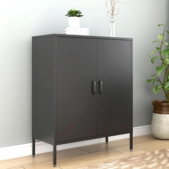 Bevivog Metal Locker Storage Cabinet, Home Office Metal Storage Cabinet Small Sideboard with 2 Doors and 2 Adjustable Shelves,40" Counter Cabinets for Office Garage Bathroom Living Room Hallway