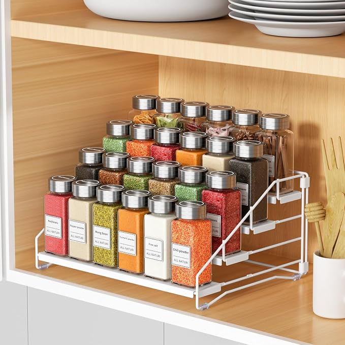 Spice Rack Organizer for Cabinet, Depth Adjustable 4 Tier Spice Rack,1 Pack | White, Metal Spice Organization for Cabinet, Easy Visibility, Tiered Spice Rack Perfect for Cabinet, Pantry and Countertop