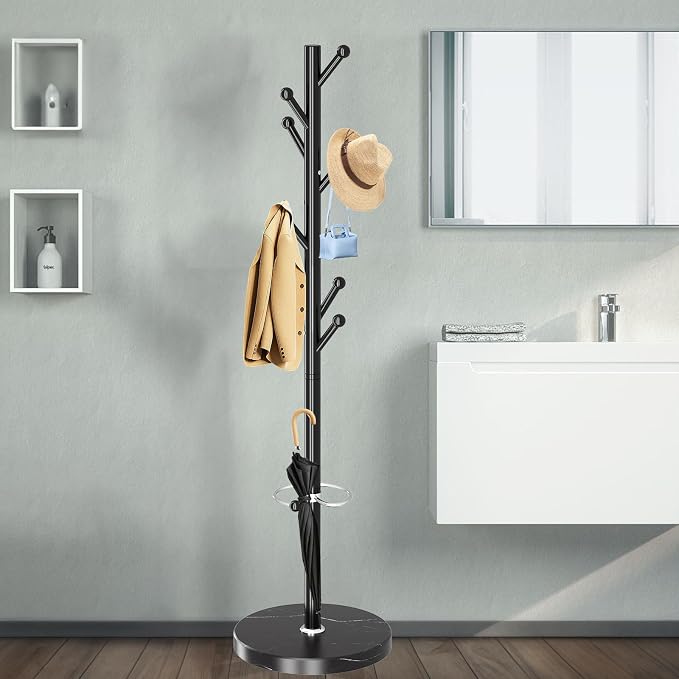 OIRUMIE Coat Rack,Metal Coat Rack Frestanding,Black Coat Stand for Entryway | Coat Rack Stand with Marble Base & Umbrella Holder,Modern Coat Hanger Stand,Coat Clothes Tree Stand for Hallway,Office