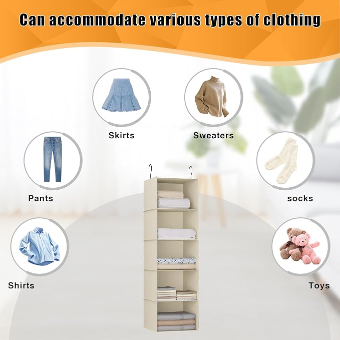 Hanging Closet Organizer 5-Shelf, Oxford Fabric Wardrobe Storage, Beige | Easy-mount foldable design holds clothes, handbags, shoes & accessories; washable Oxford fabric, sturdy and space-saving.