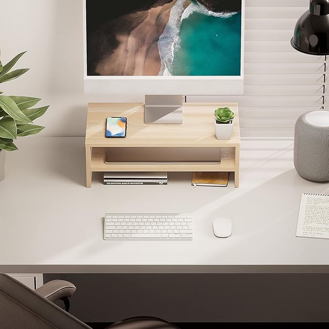 FITUEYES Wooden Monitor Stand Riser, 2-Tier Desk Storage Shelf, Oak | 16.7-Inch Desktop Organizer Fits Laptop, Computer Screen and Office Supplies