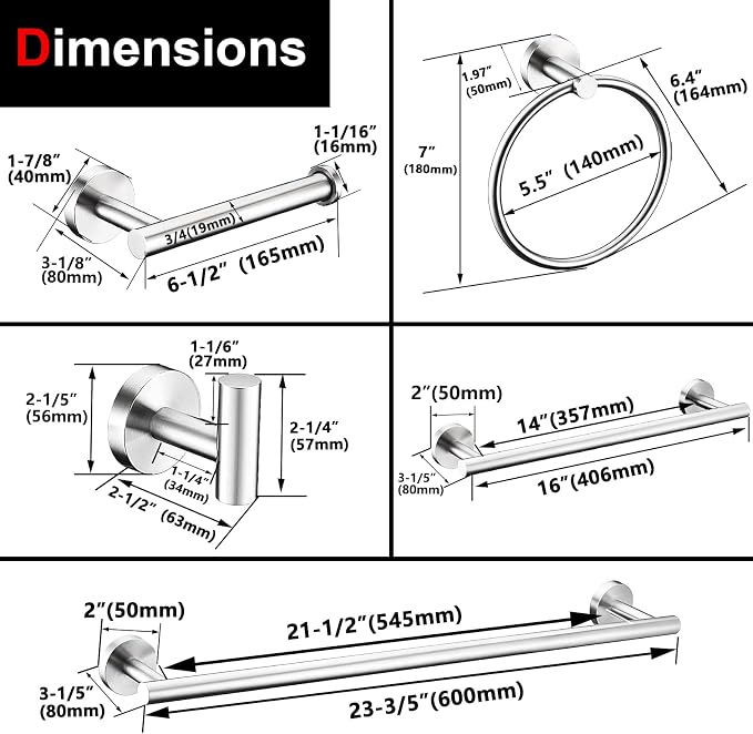 6 Pieces Brushed Nickel Bathroom Hardware Accessories Set Hand Towel Ring 16&23.6 inch Round Towel Bar Silver Toilet Paper Holder Towel Hooks 2 Pieces SUS 304 Stainless Steel,Heavy Duty,Wall Mounted