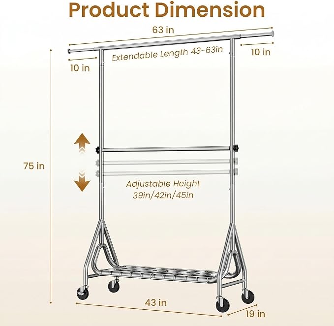 Heavy Duty Clothes Rack for Hanging Clothes, Double Rods Clothing Rack with Lockable Wheels, Rolling Garment Racks with Shelf, Easy to Assemble, Silver