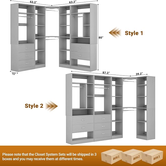 Besiost Corner Closet System with 5 Drawers, Closet Organizer System with 15+Shelvess & 4 Hanging Rods, 63.2"L * 63.2"W / 87.2"L * 39.2"W Reversible L Shaped Walk-in Closets, Load 2500+LBS, Grey